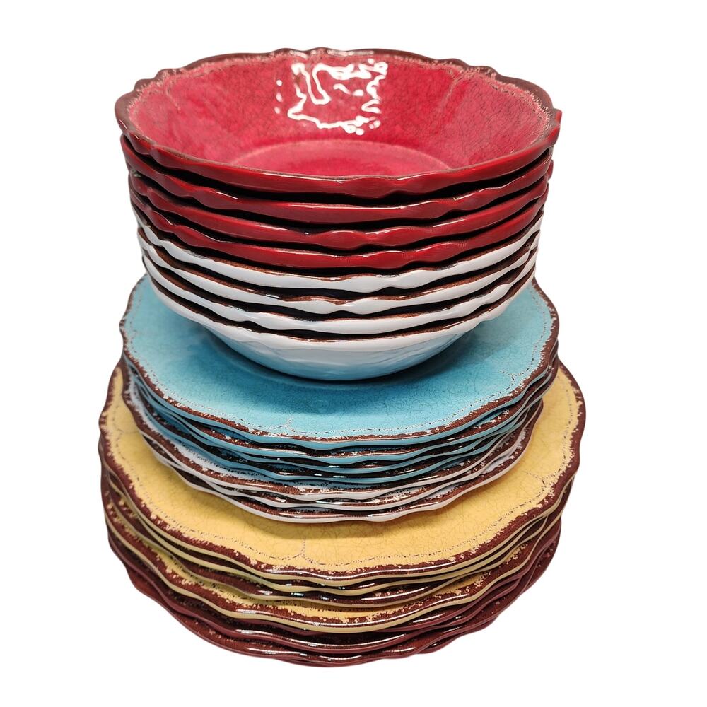 Set of 23 - LE CADEAUX Antiqua Rustica Melamine Plates Red white blue Bowl